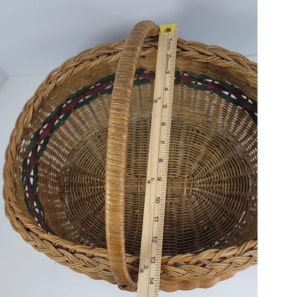 Large Wicker Basket Woven Picnic Garden Harvest Brown Green Burgundy 18in